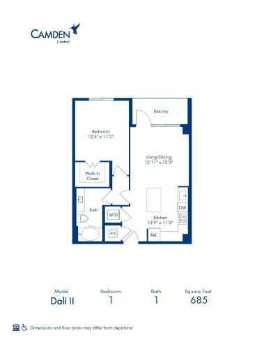 Camden Central apartments in St. Petersburg, Florida one bedroom floor plan blueprint, Dali II