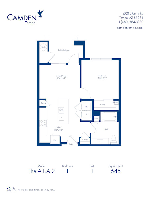 Camden Tempe apartments in Tempe, Arizona, one bedroom floor plan A1.A2
