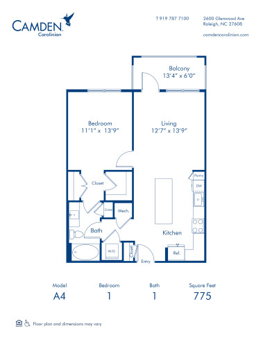 Blueprint of the A4 One Bedroom, One Bathroom Floor Plan at Camden Carolinian Apartments in Raleigh, NC