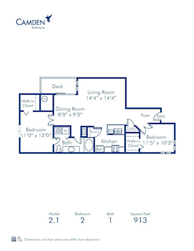 Blueprint of 2.1 Floor Plan, 2 Bedrooms and 1 Bathroom at Camden Ballantyne Apartments in Charlotte, NC