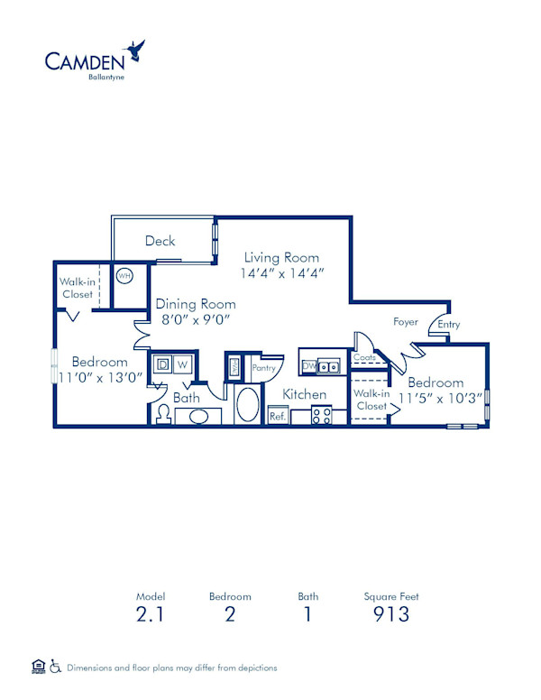 Blueprint of 2.1 Floor Plan, 2 Bedrooms and 1 Bathroom at Camden Ballantyne Apartments in Charlotte, NC