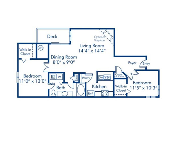 Blueprint of 2.1 Floor Plan, 2 Bedrooms and 1 Bathroom at Camden Ballantyne Apartments in Charlotte, NC