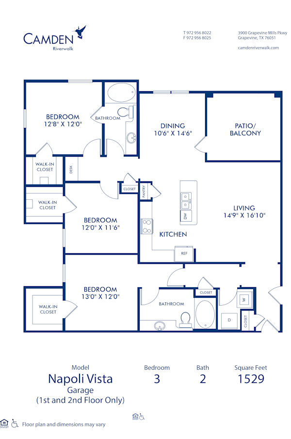 Blueprint of Napoli Vista - Garage Floor Plan, 3 Bedrooms and 2 Bathrooms at Camden Riverwalk Apartments in Grapevine, TX