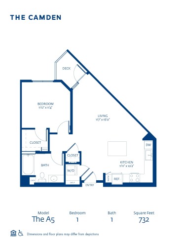 Blueprint of A5 Floor Plan, 1 Bedroom and 1 Bathroom Apartment Home at The Camden in Hollywood, CA