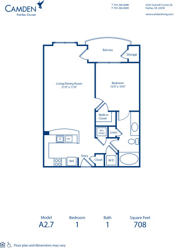 Blueprint of A2.7 Floor Plan, 1 Bedroom and 1 Bathroom at Camden Fairfax Corner Apartments in Fairfax, VA