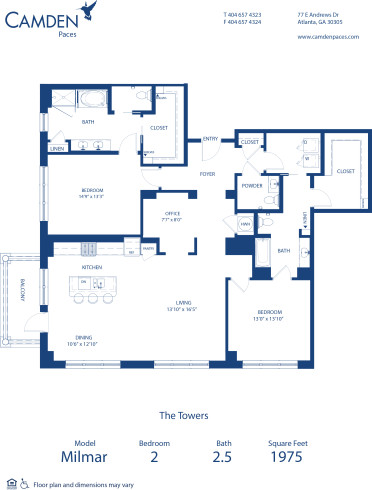 Blueprint of Milmar Floor Plan, 2 Bedrooms and 2.5 Bathrooms at Camden Paces Apartments in Atlanta, GA