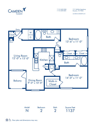 Blueprint of N Floor Plan, 2 Bedrooms and 2 Bathrooms at Camden Vanderbilt Apartments in Houston, TX