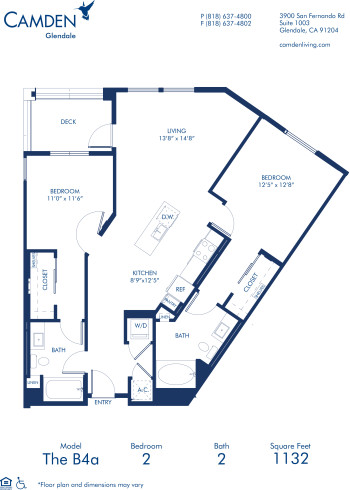 Blueprint of B4A Floor Plan, 2 Bedrooms and 2 Bathrooms at Camden Glendale Apartments in Glendale, CA