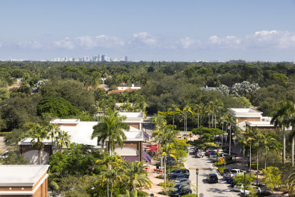 East view of the Fountains Plaza and Fort Lauderdale at Camden Atlantic apartments in Plantation, Florida.