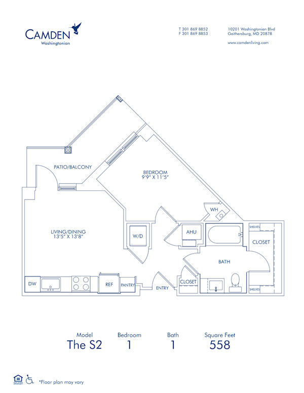Blueprint of S2, 1 Bedroom 1 Bathroom Apartment Home at Camden Washingtonian in Gaithersburg, MD