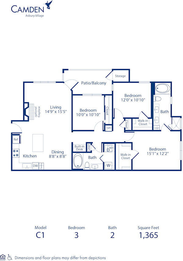 Blueprint of C1 Floor Plan, 3 Bedrooms and 2 Bathrooms at Camden Asbury Village Apartments in Raleigh, NC