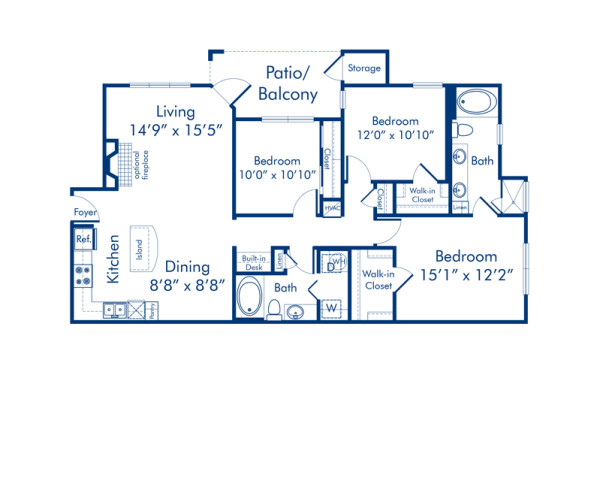 Blueprint of C1 Floor Plan, 3 Bedrooms and 2 Bathrooms at Camden Asbury Village Apartments in Raleigh, NC