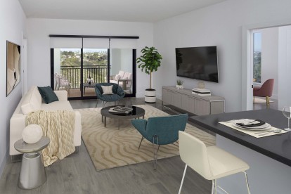 Camden Hillcrest apartments San Diego CA open concept kitchen and living room with patio 