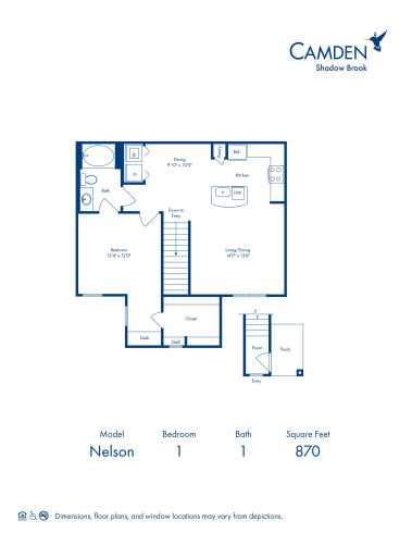 Blueprint of Nelson Floor Plan, 1 Bedroom and 1 Bathroom at Camden Shadow Brook Apartments in Austin, TX