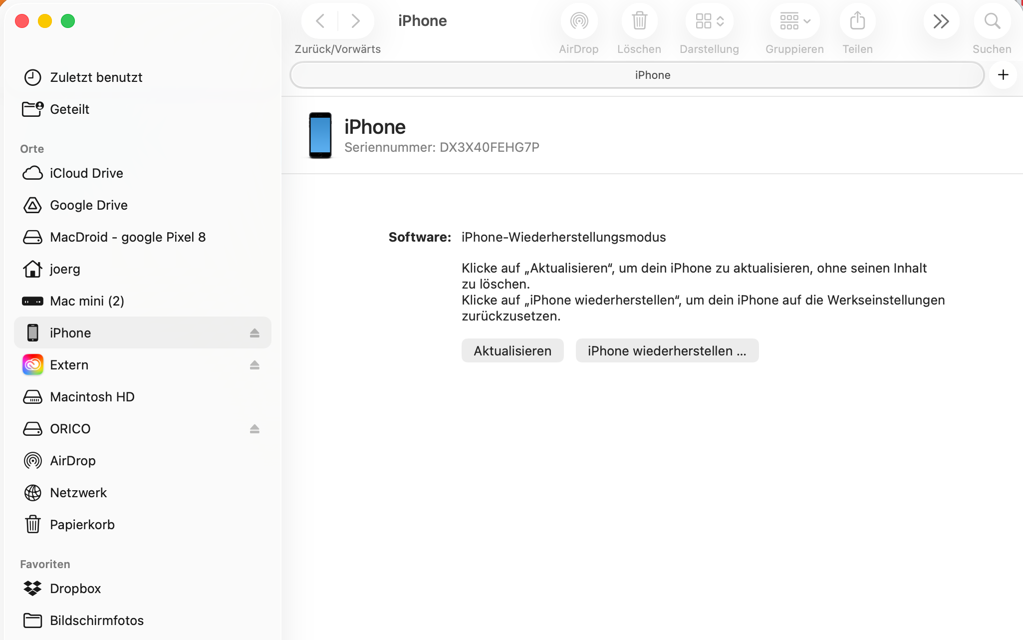 iPhone 15 verbunden mit Mac Finder im Wiederherstellungsmodus 