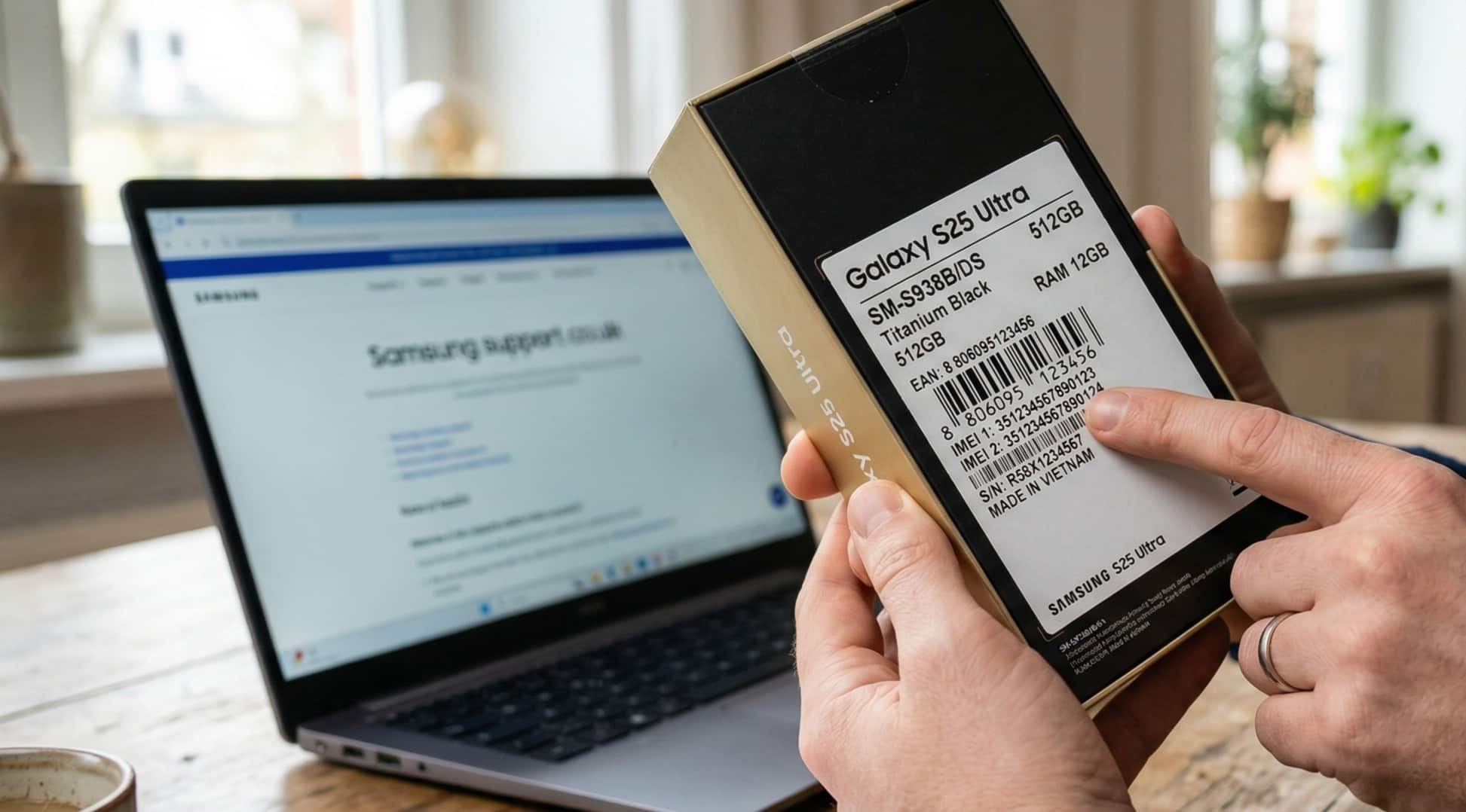 Modellbezeichnung und Barcode auf der Originalverpackung werden geprüft