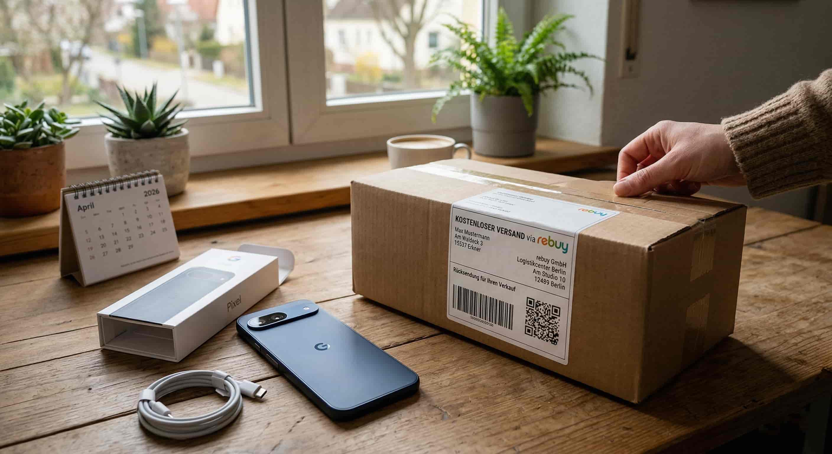Versandfertiges Paket mit rebuy-Label für den kostenlosen Versand