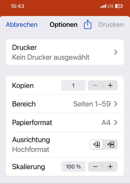 Auf dem iPhone muss der richtige Drucker ausgewählt werden 