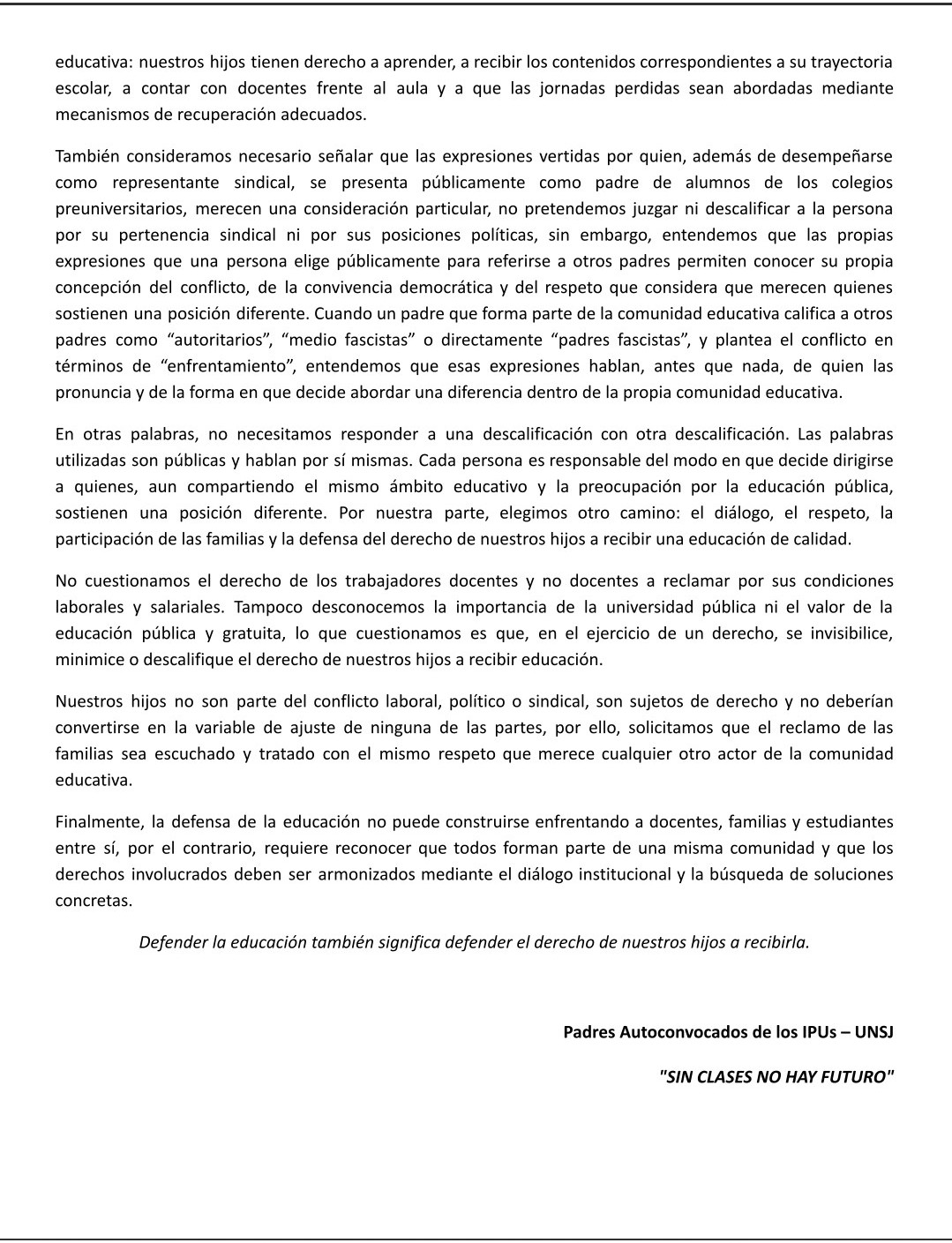 COMUNICADO DE PADRES AUTOCONVOCADOS PREUNIVERSITARIOS