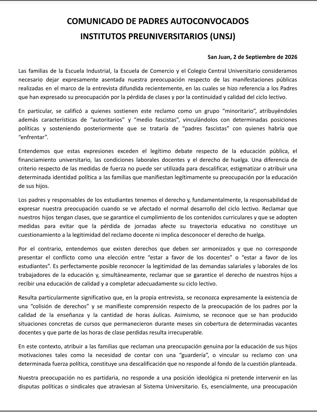 COMUNICADO DE PADRES AUTOCONVOCADOS INSTITUTOS PREUNIVERSITARIOS