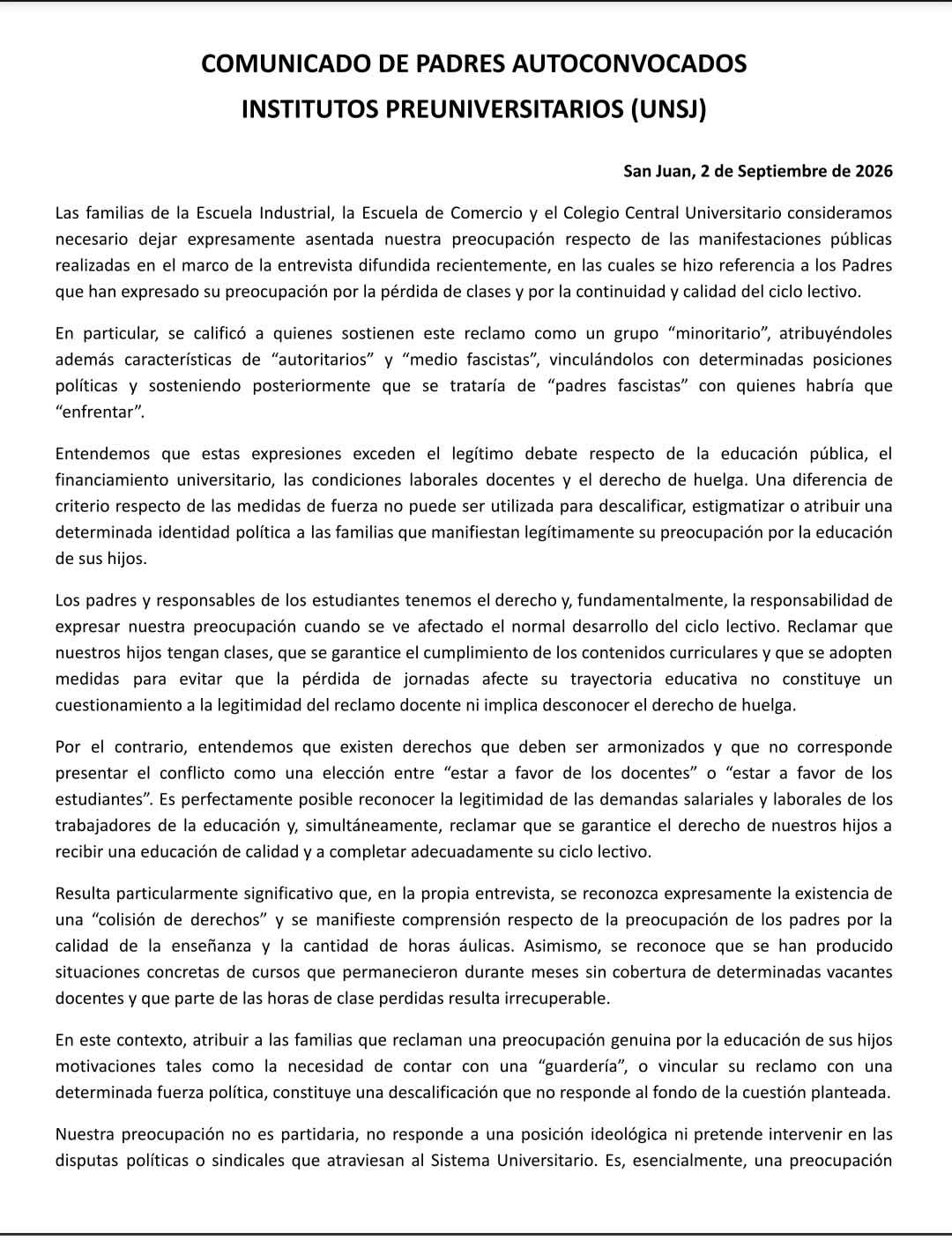 COMUNICADO DE PADRES AUTOCONVOCADOS INSTITUTOS PREUNIVERSITARIOS
