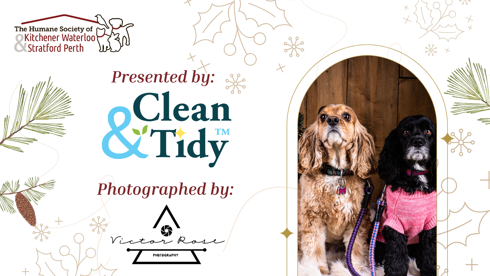 A poster displaying the Holiday Pet Pics event put on by the Humane Society of Kitchener Waterloo and Stratford Perth sponsored by Clean & Tidy and Victor Rose Photography