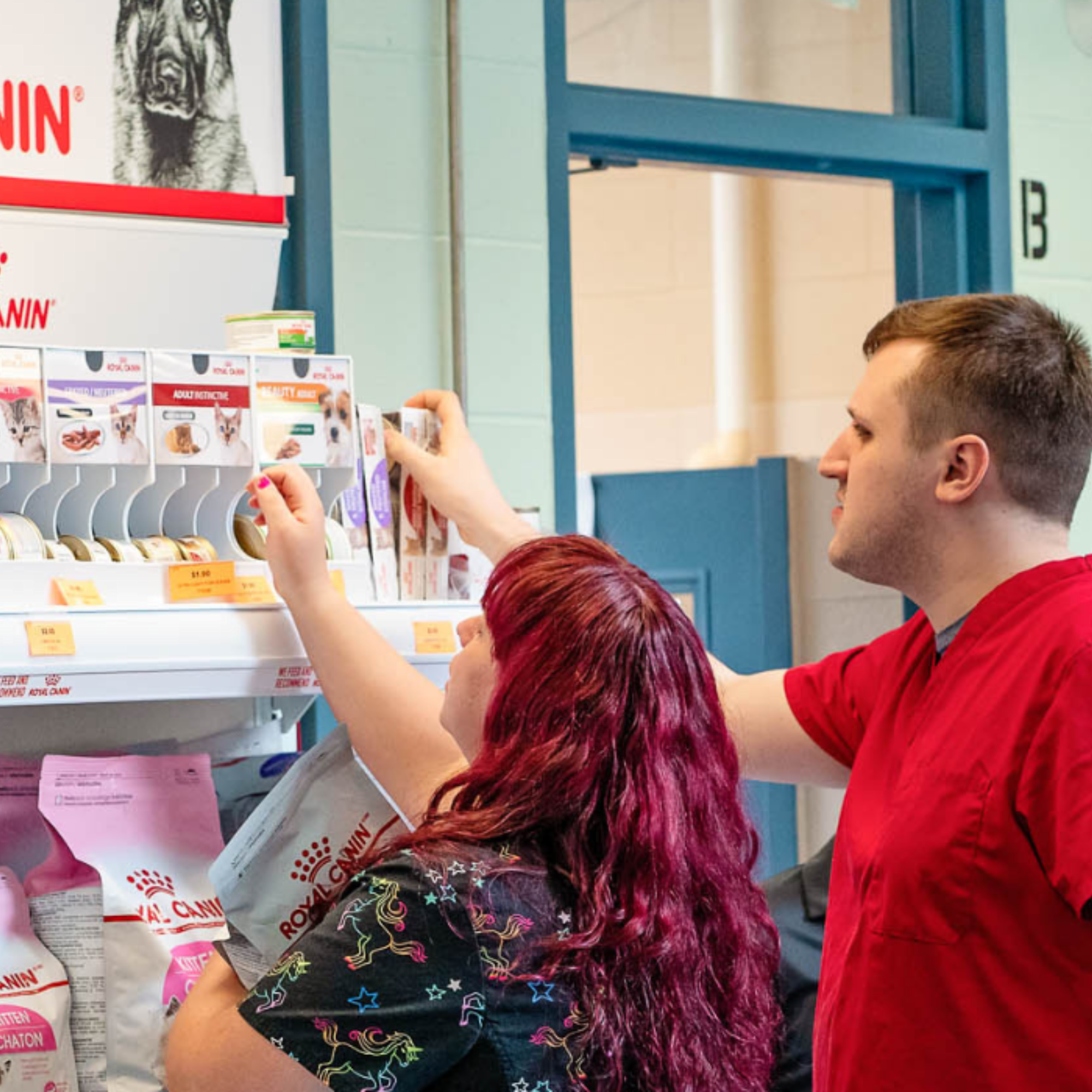 Two staff looking at a shelf of Royal Canin pet food and putting a can of food away.