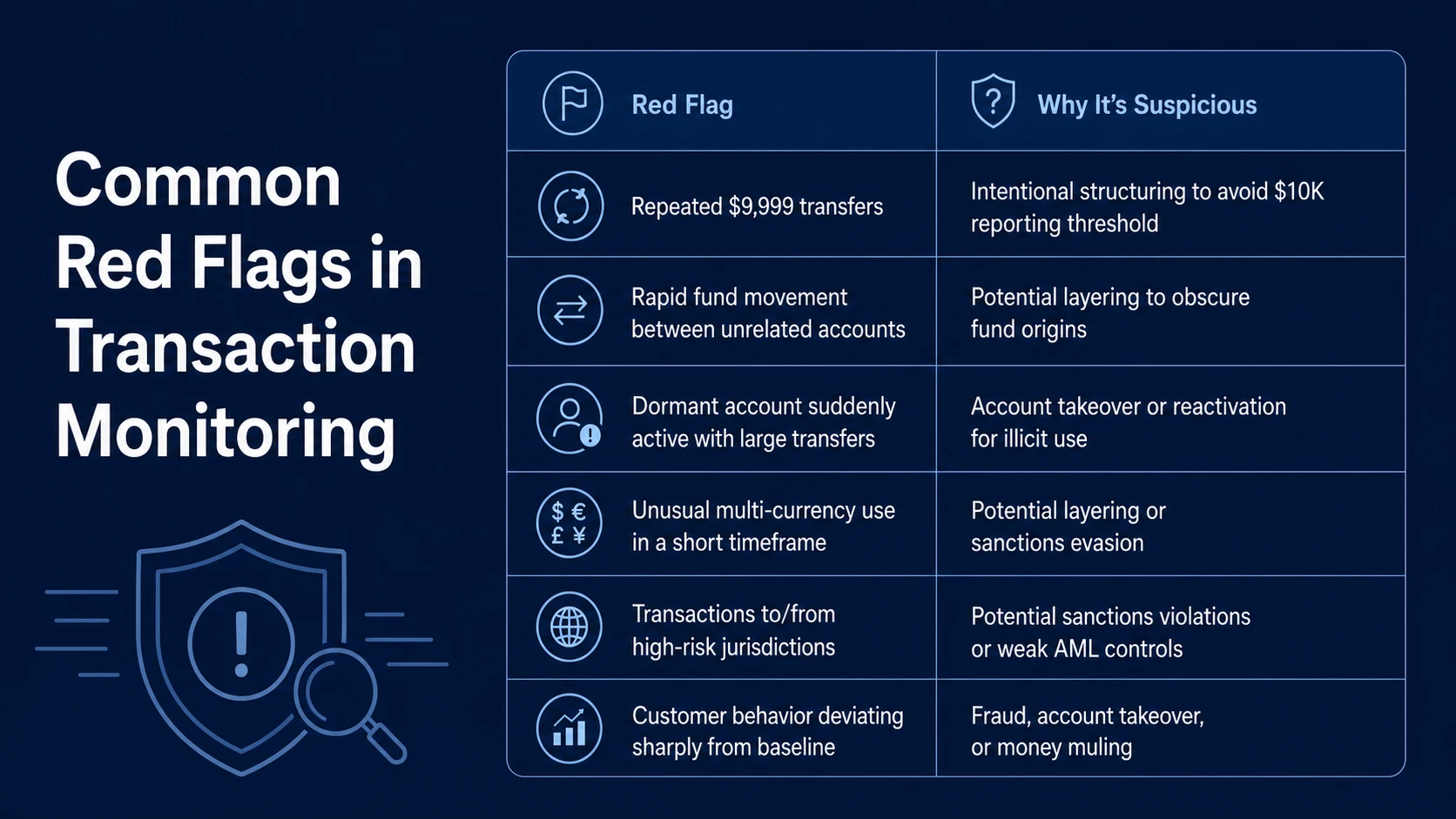 A chart containing 6 common red flags in transaction monitoring and why each is suspicious