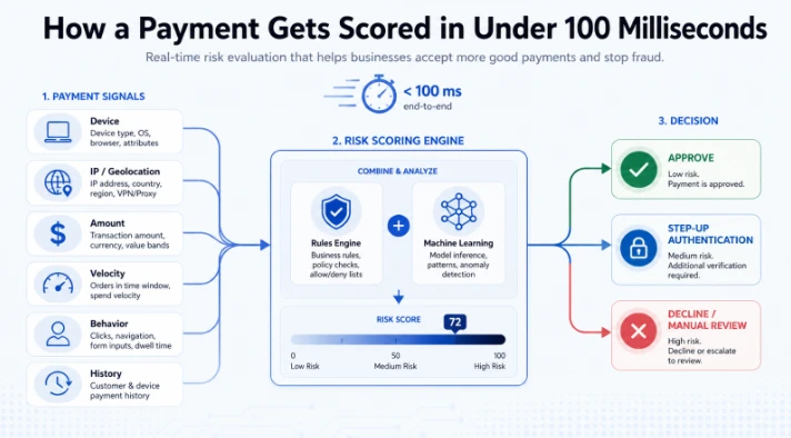 How device, behavioral, and transaction signals feed a rules + machine‑learning risk engine that routes each payment to approval, step‑up, or review.