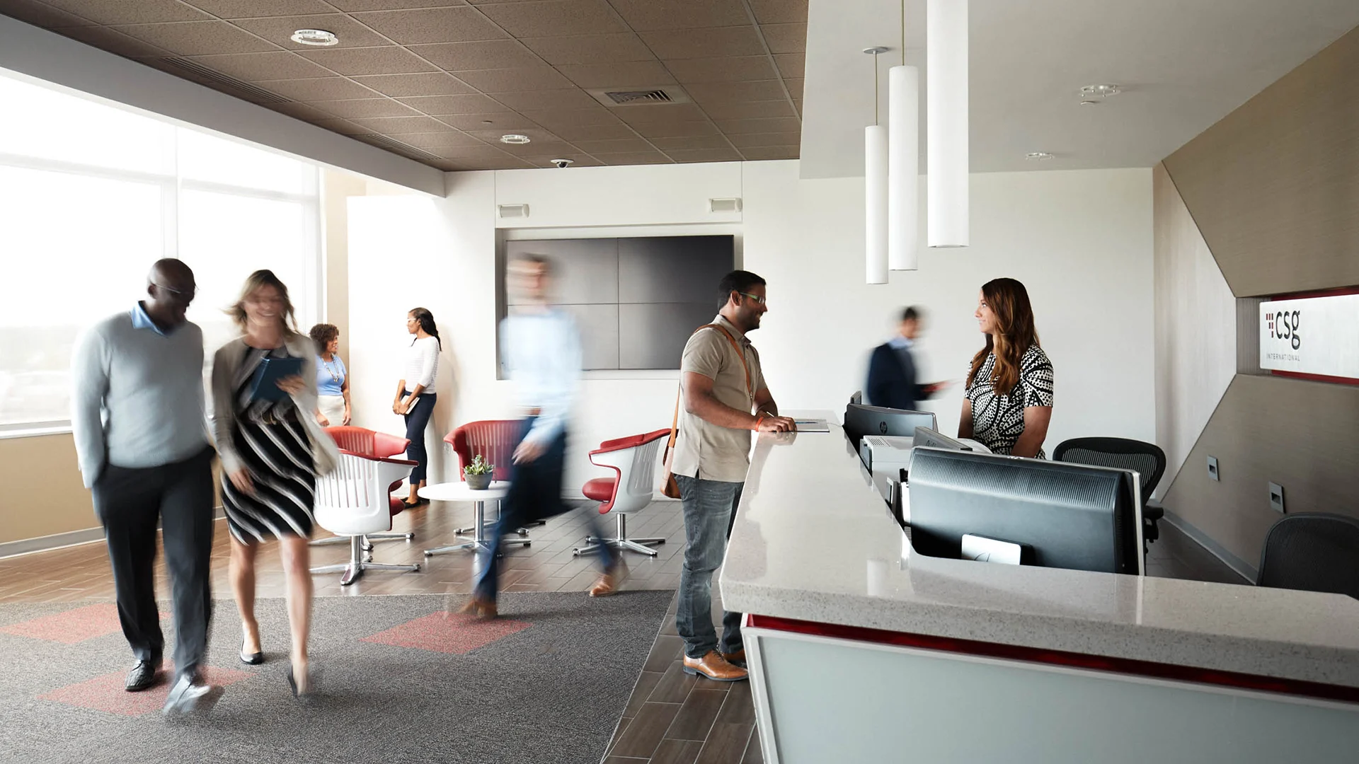 Employees in an office lobby