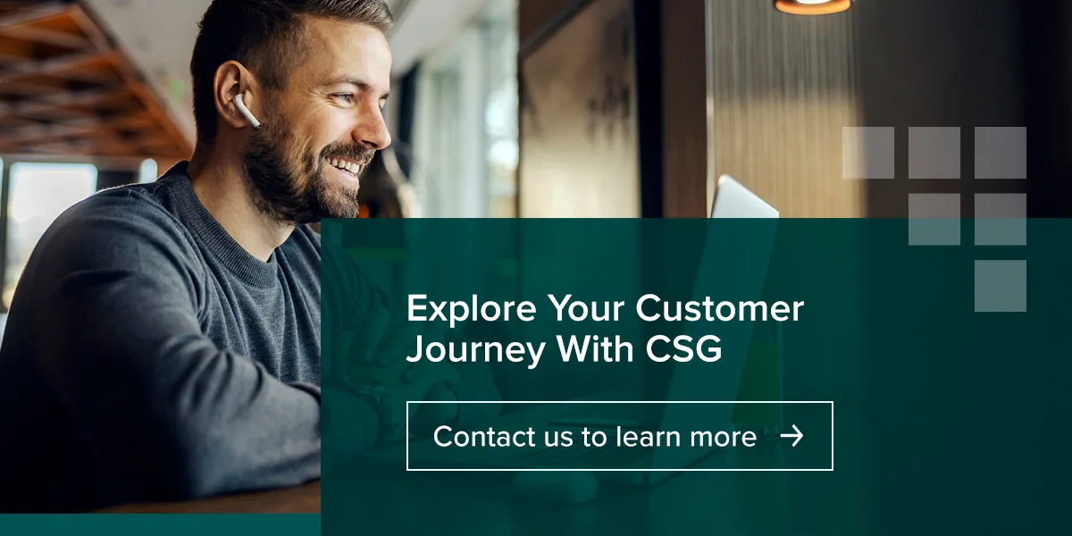Promotional image with a man wearing earbuds, smiling and looking at a laptop, with text overlay about exploring the customer journey with CSG.