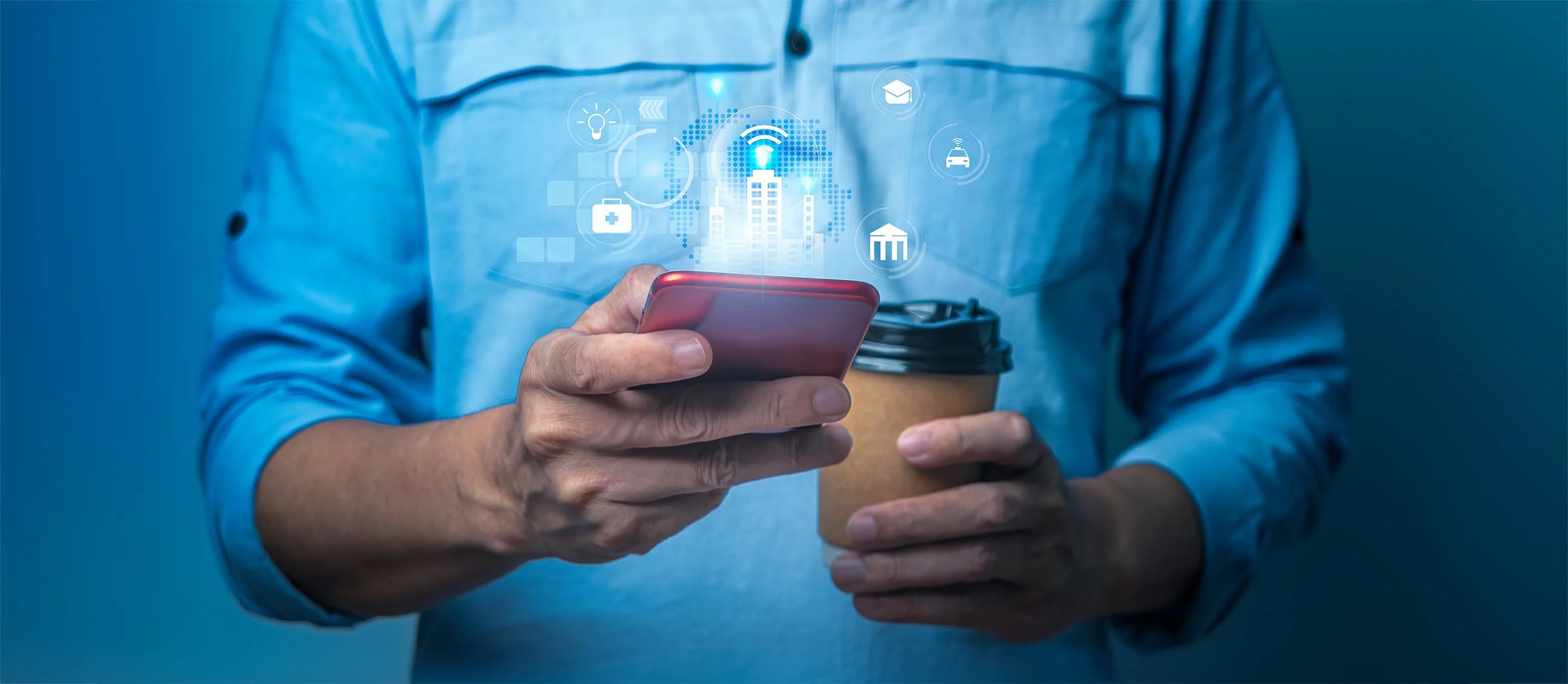 Business man using phone with digital tech icons