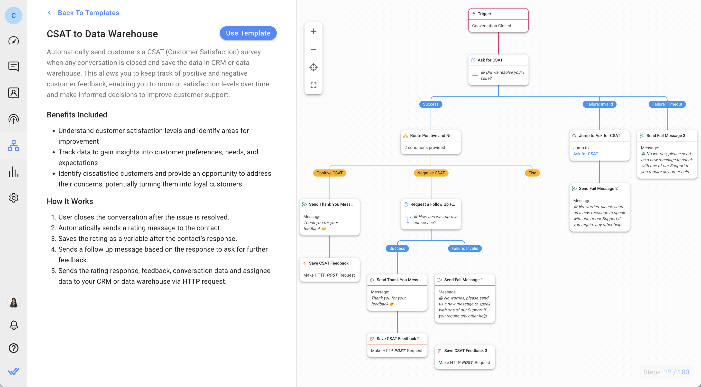 Customer satisfaction plays an important role in measuring the success and quality of your company’s customer support. With respond.io, you can effortlessly create and send customer satisfaction (CSAT) surveys. These surveys can be automatically triggered after closing a conversation with a customer or manually initiated through the Shortcut Trigger button. To save the survey answers, use the Add Google Sheets Row Step to save the data in your Google Sheets or the HTTP Request Step to save the survey answers to your CRM or data warehouse.