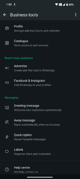 A screenshot of the business tools available on the WhatsApp Business Aoo