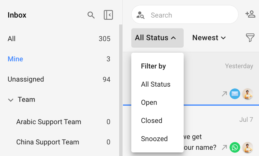 The All Status filter lets you view conversations that are Open, Closed or Snoozed in your Contact List