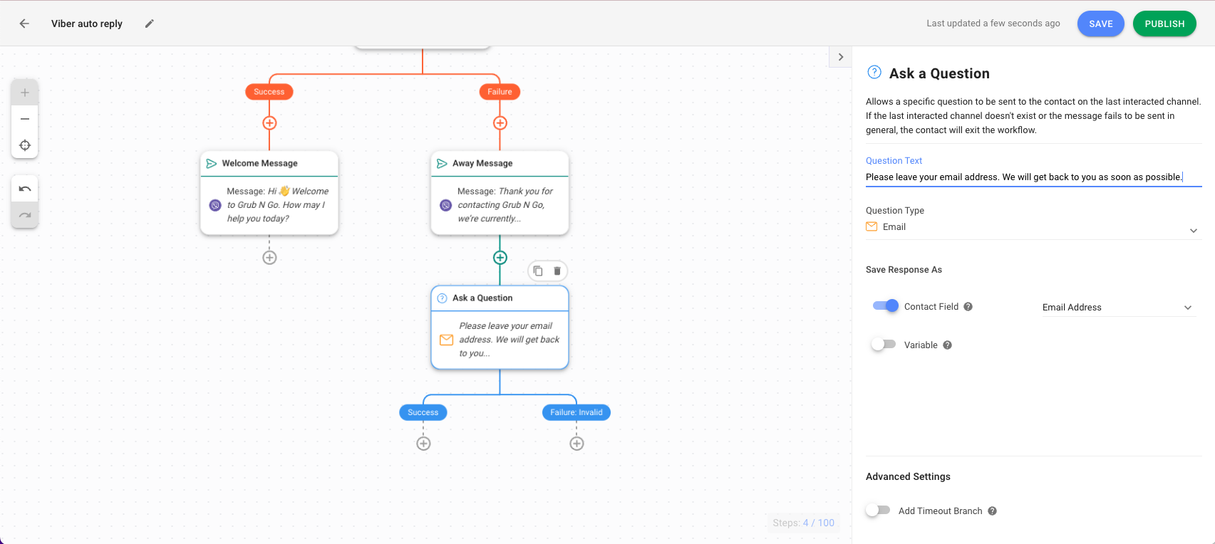 This is a screenshot that describes the final step of how to set auto reply in viber. Add the ask a question step to collect customers' information and attend to them when you're back online.