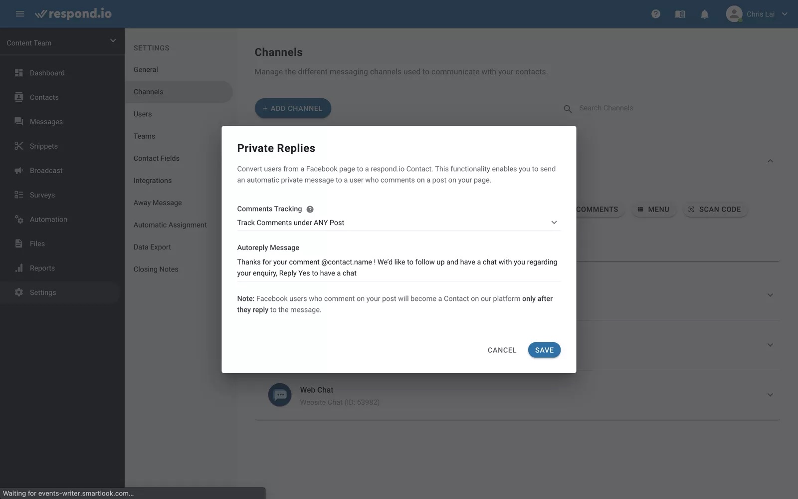 Use respond.io to track comments and automatically reply to them via Messenger