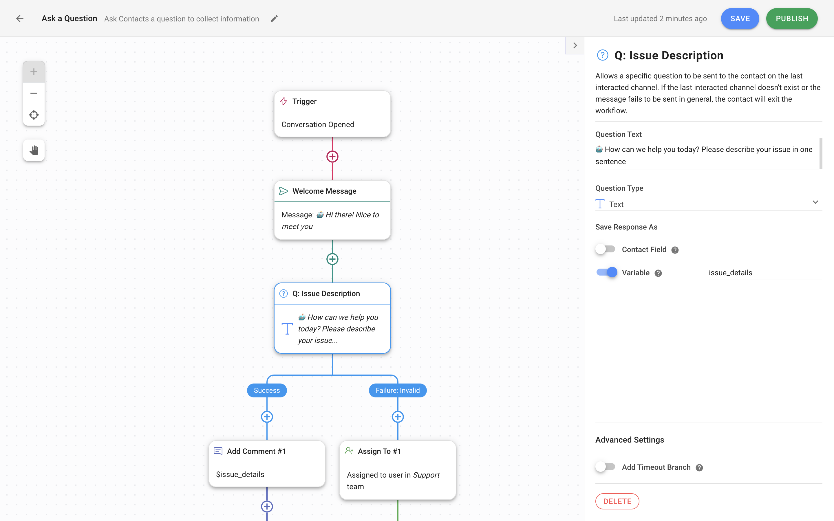 This is an image on how to ask an Open-Ended Questions with a question bot on respond.io. Open-Ended Questions allow for a longer response, therefore are useful for collecting qualitative data and understanding customers’ issues. They provide detailed insight into the business problems customers are facing, empowering you to deliver better customer service. You can think of it as a conversational data collection form. To enable automated data capture. Automated Data Capture We recommend saving the answer to an open-ended question as a Variable. 