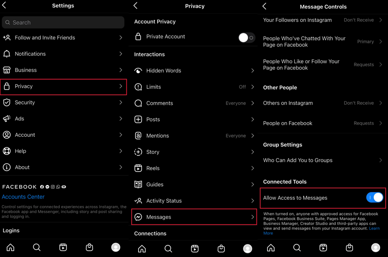 This is a picture showing how to set up Instagram DM API. To get Instagram DM API, click the hamburger button at the top right corner of your Instagram Business profile. Then, navigate to Settings > Privacy > Messages and toggle on Allow Access to Messages under Connected Tools. To have Multi-agent on Instagram Direct Message API, connect to respond.io