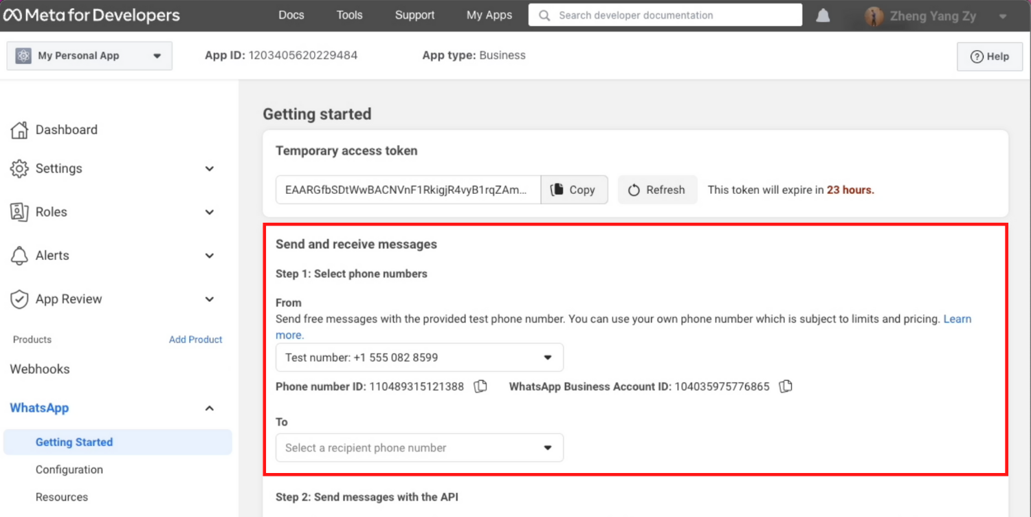 Send a message with the test number generated by WhatsApp to a phone number registered with WhatsApp to test if your integration is a success. Note that this step is optional. You can skip this step and add your own phone number to your WhatsApp Cloud API Account.