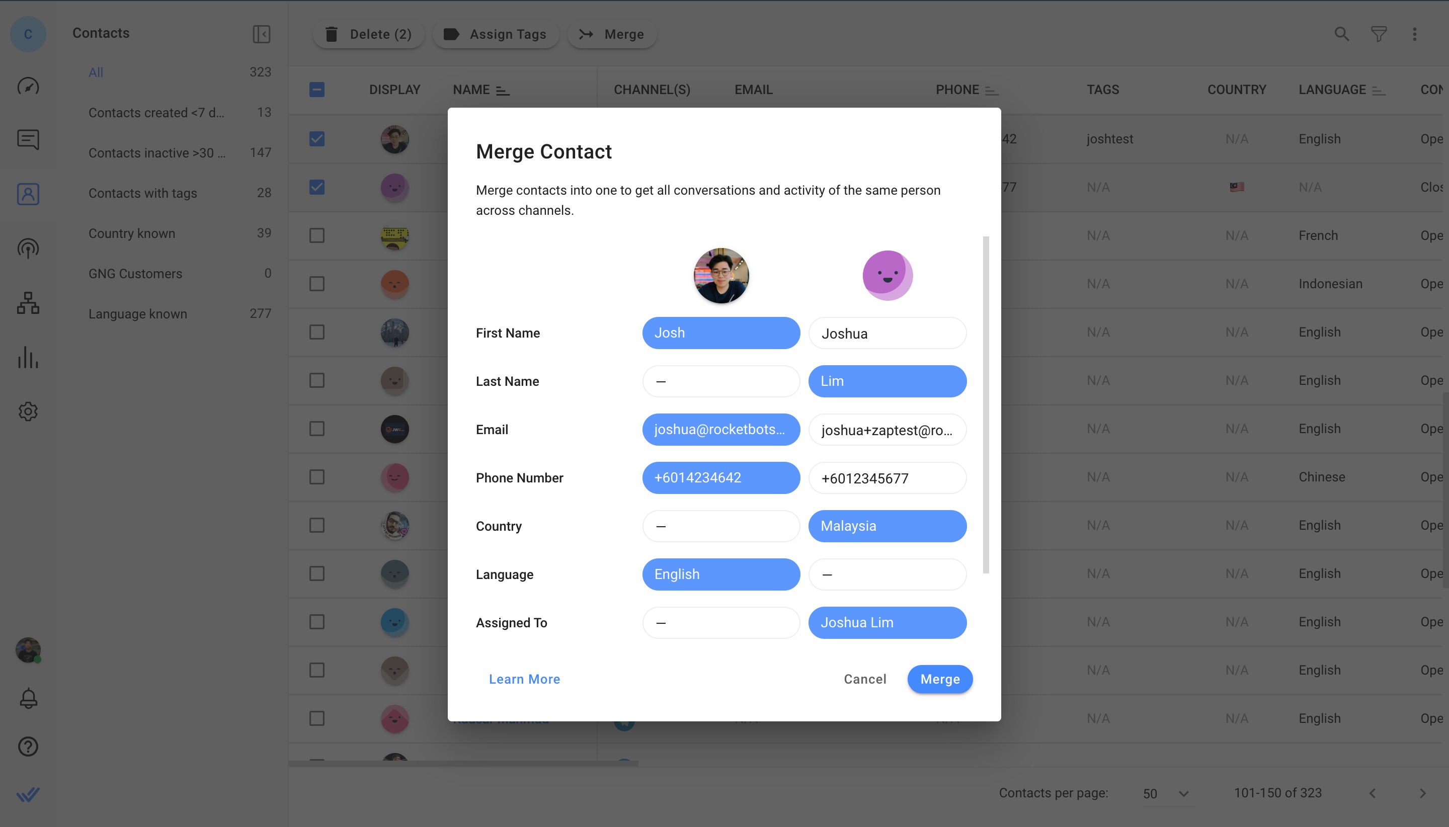 Merge duplicate contacts with respond.io