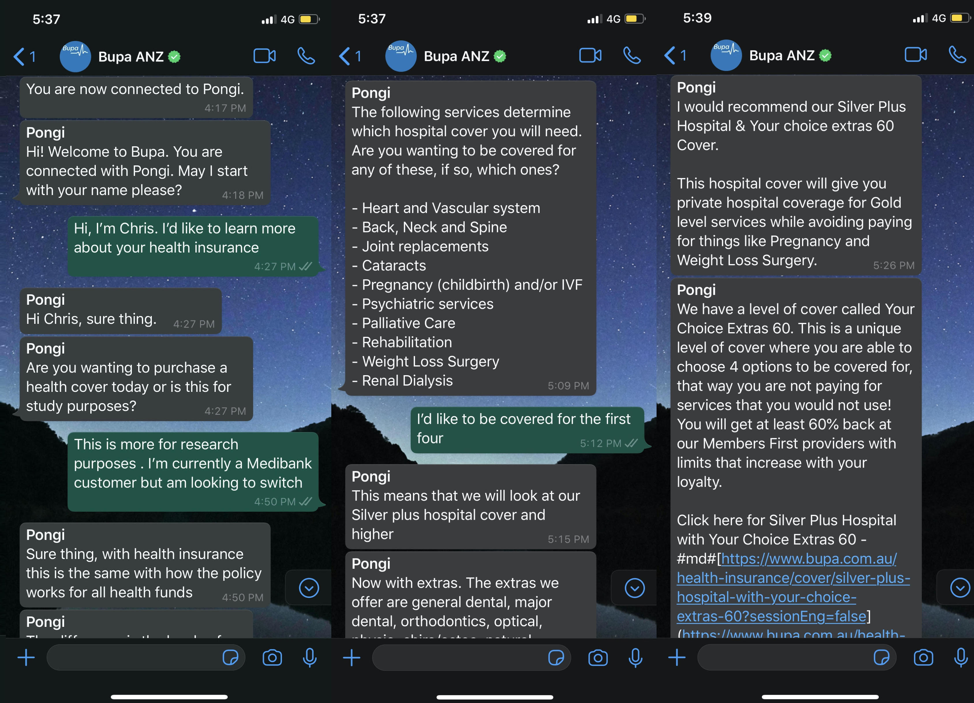 This is a picture of WhatsApp chat conversation with a Bupa Australia customer service agent. 