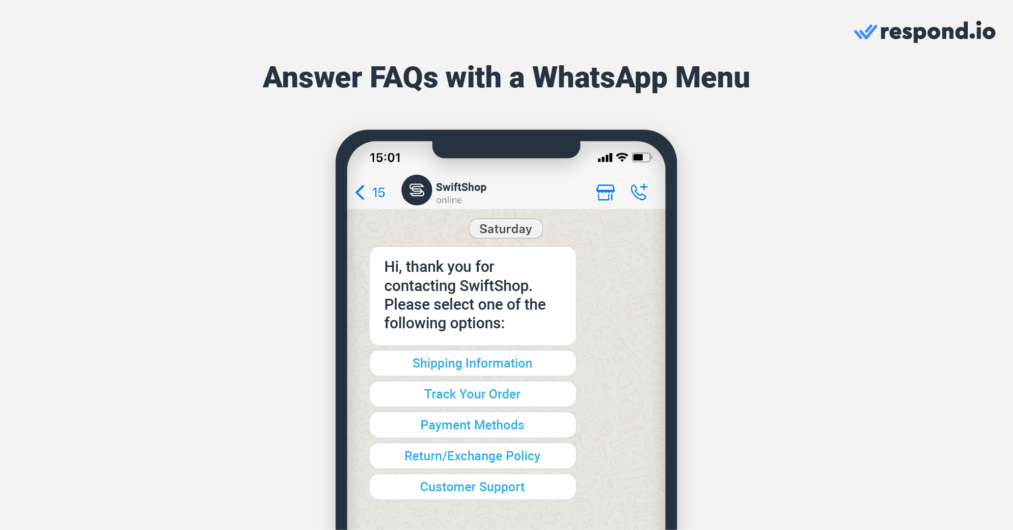 WhatsApp Business API ecommerce: Answer FAQs with a WhatsApp menu