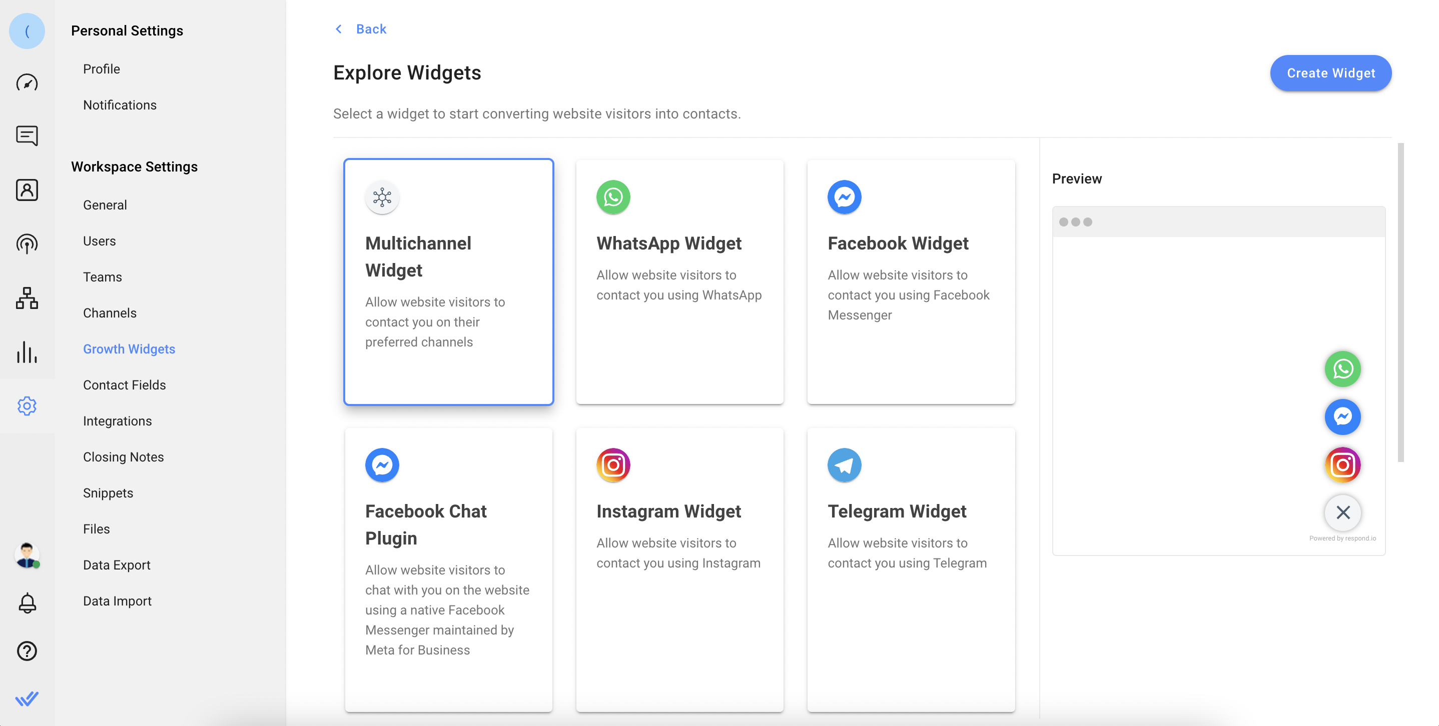 Respond.io omnichannel website widget supports a wide range of Channels