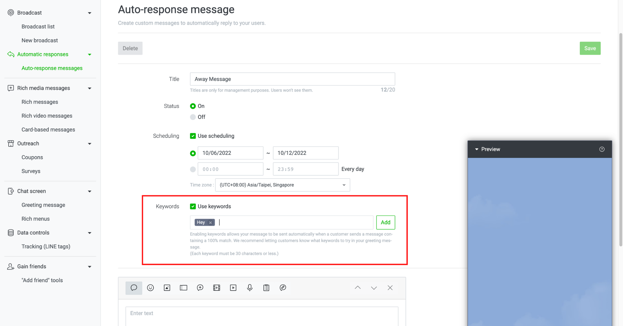 LINE chat auto reply: How to add keywords on LINE Official Account Manager