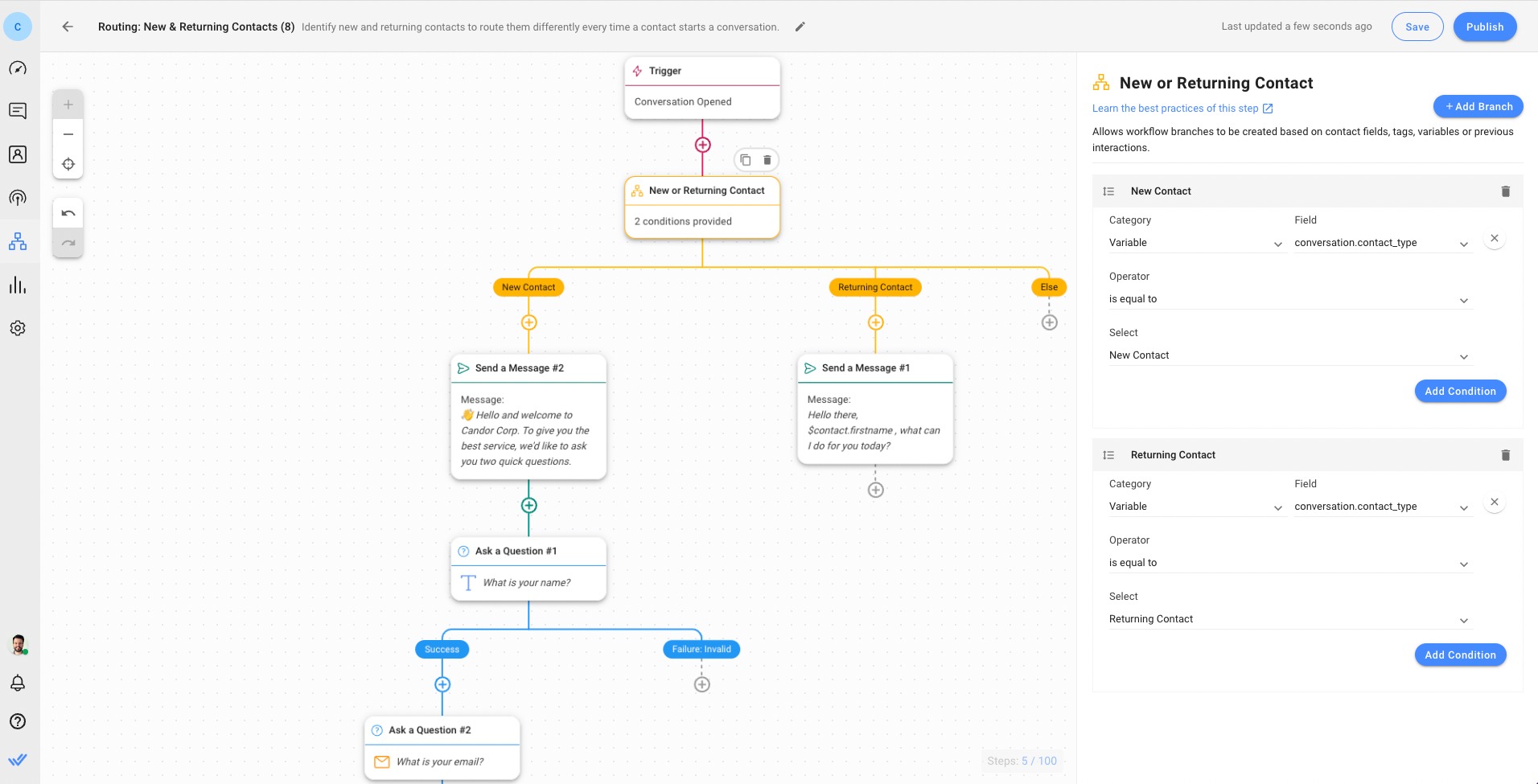 This image shows how to create a chatrouter for new and returning customers with respond.io Workflows.