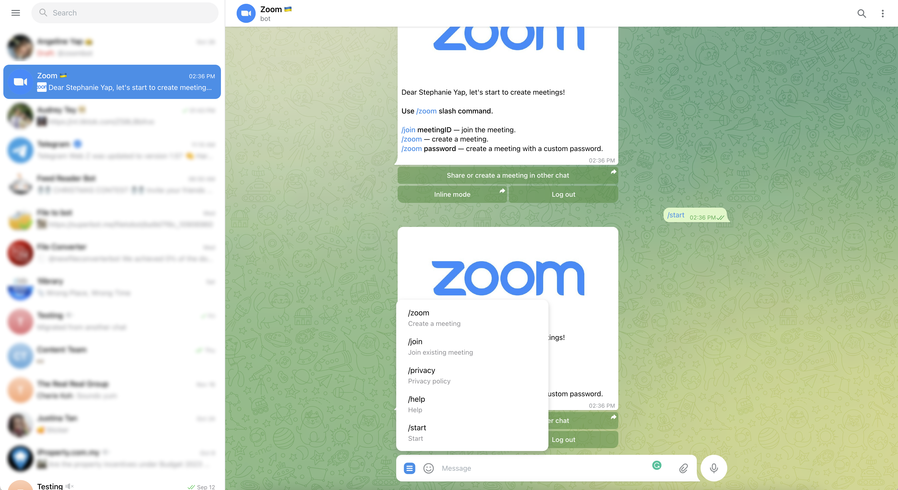 This is a screenshot that shows how to use Zoom to make calls from your Telegram