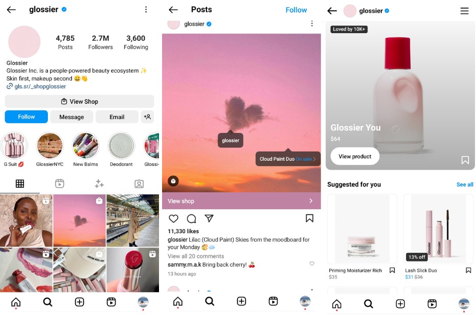 This image shows how Glossier does Instagram social commerce. Glossier uses social commerce platforms as a direct sales channel. It has a seamless shopping experience integrated into their social media accounts, allowing users to browse and purchase products without leaving the platform.