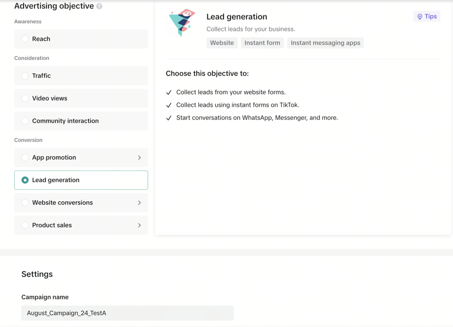 How to create TikTok ad: Select Lead generation as the advertising objective