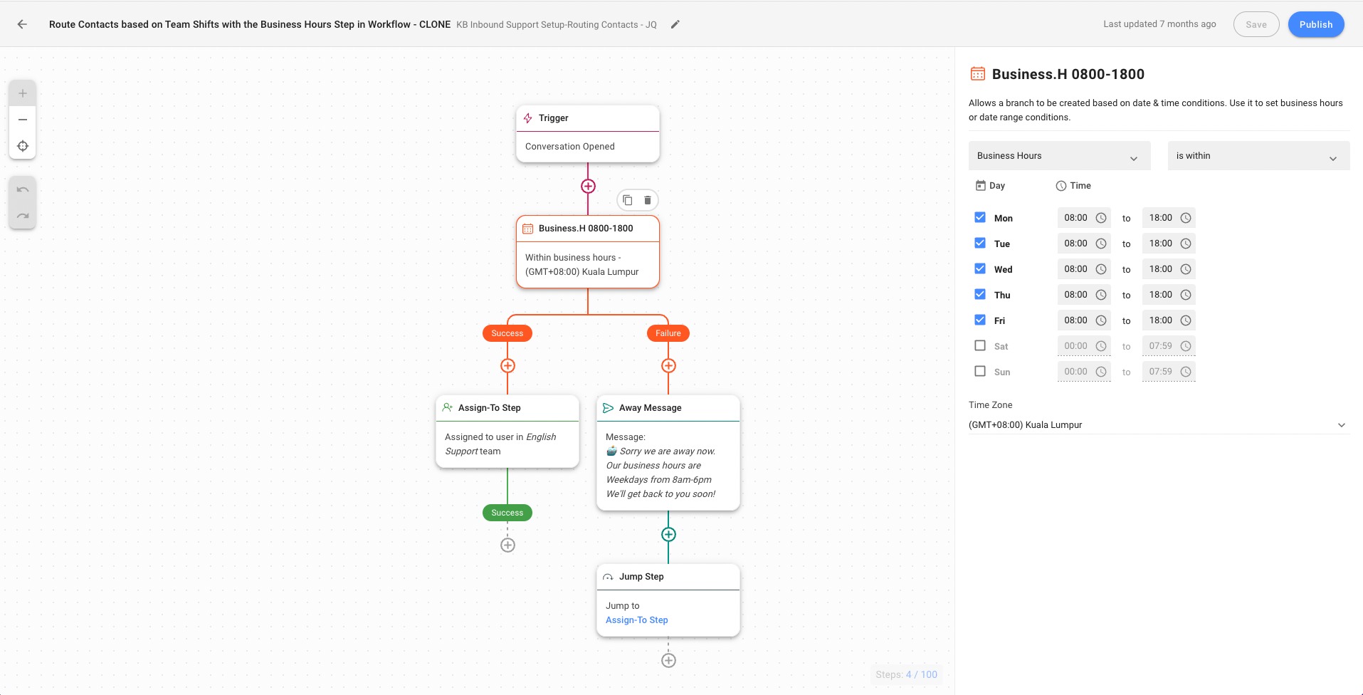 This image shows automation built with a conversational support software. Respond.io's chat routing and auto-assignment Workflows help businesses manage large volumes of incoming messages with little to no human input.